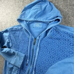 DKNY Jeans Womens Blue Crochet Lace Full Zip Hoodie Cotton Sweatshirt Large